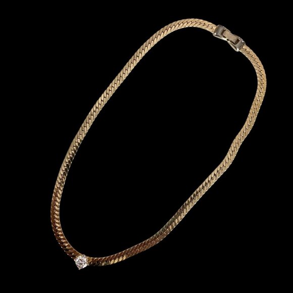 Vintage Gold Tone Solitaire Rhinesotne Necklace Herringbone Chain 17in Korea - Picture 5 of 13